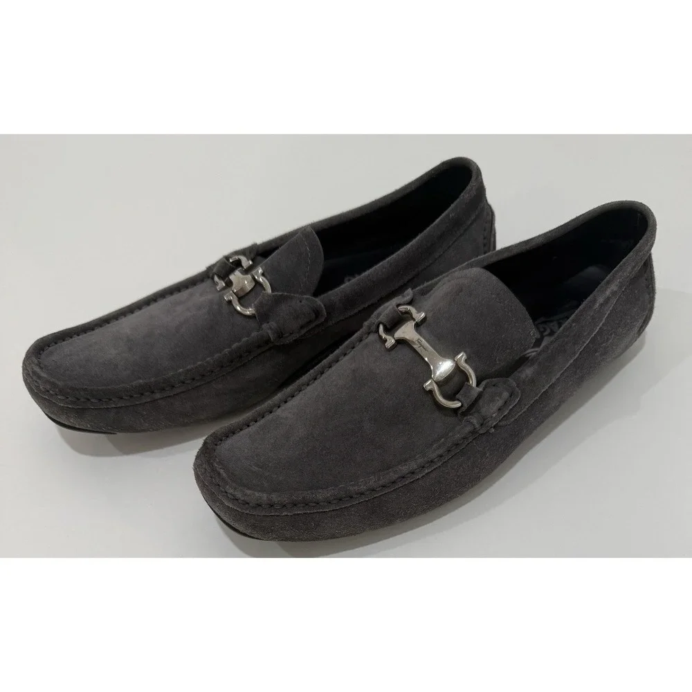 Salvatore Ferragamo Gancini Bit Grey Suede Driving loafers Mens US 9D‎